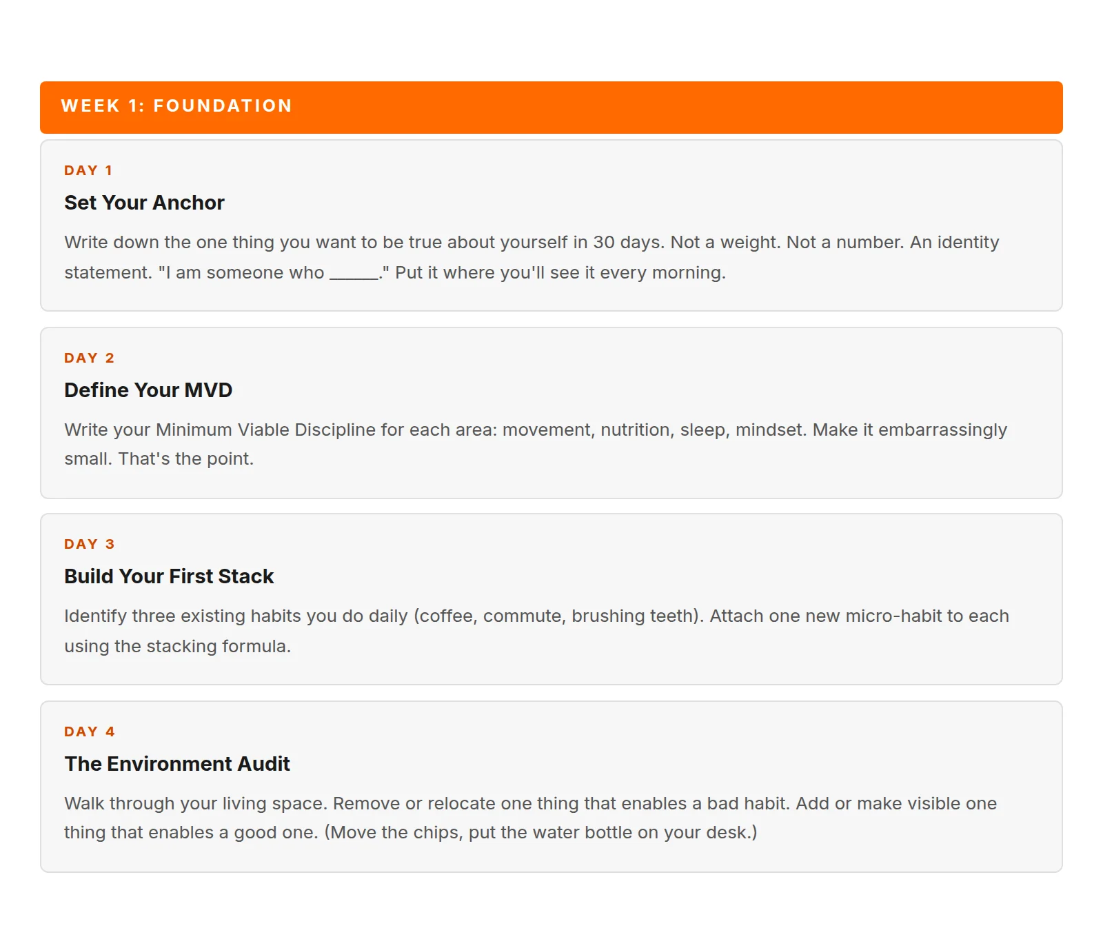 30-day calendar with daily tasks and structure