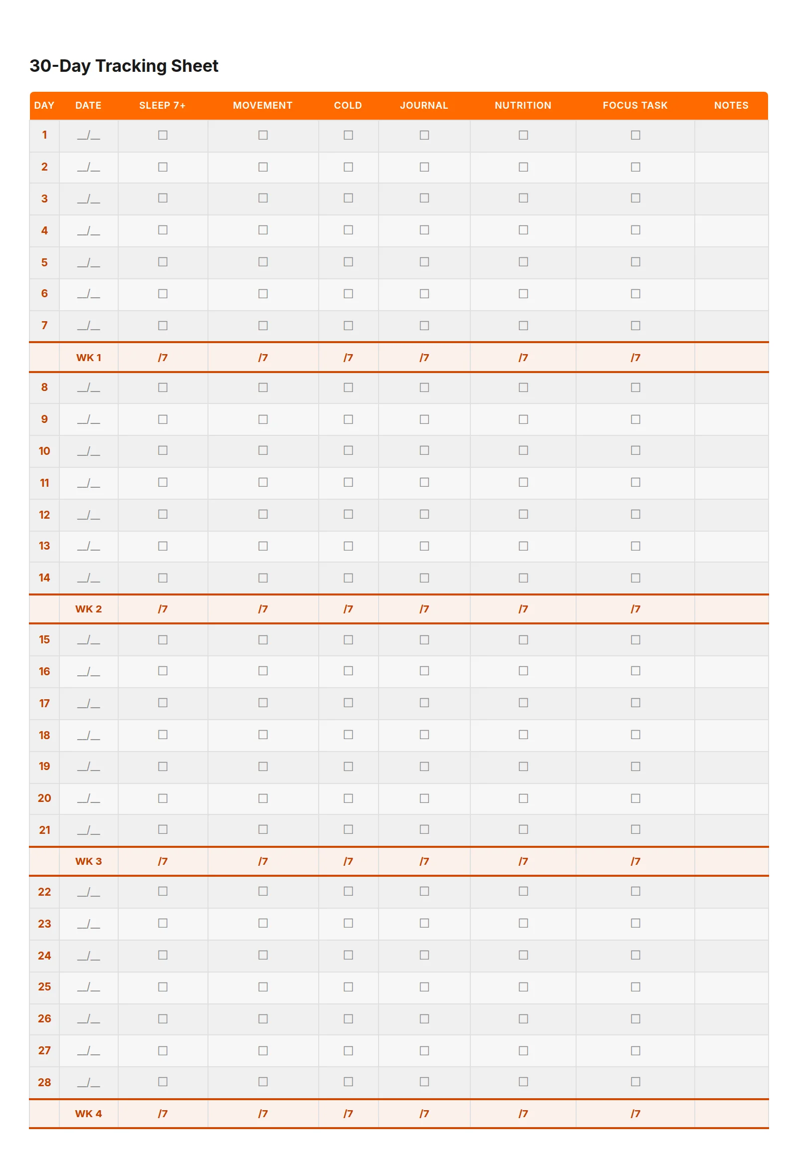 30-day tracking sheet with daily checkboxes